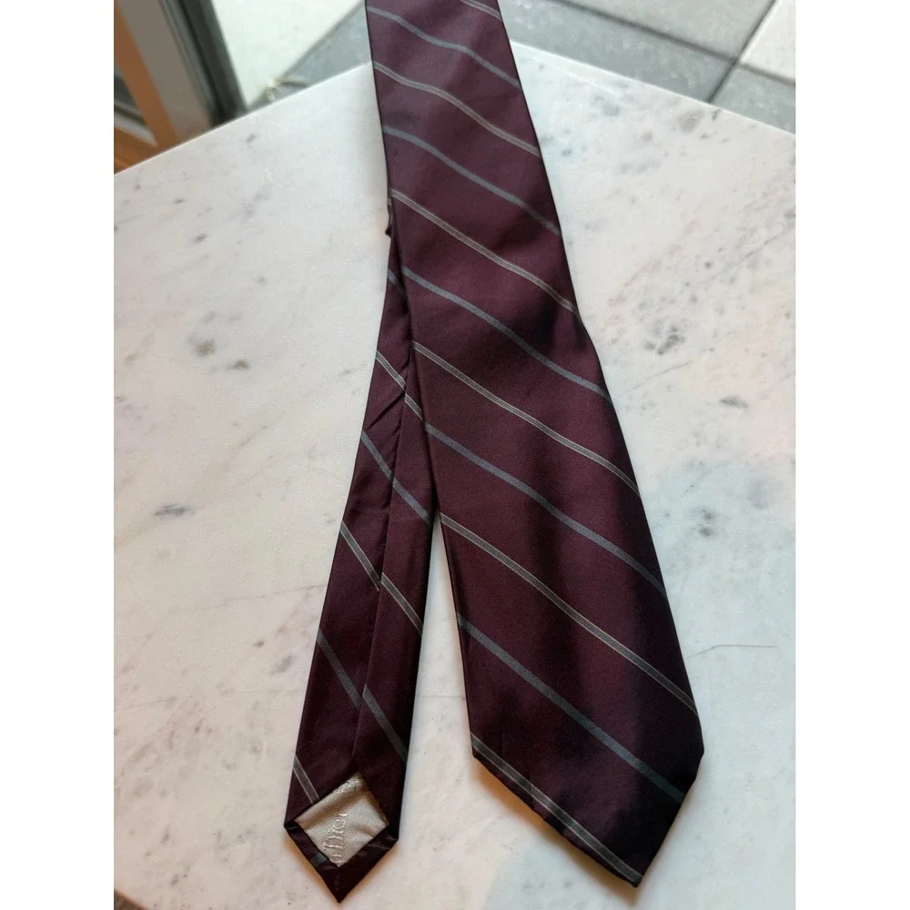 Christian Dior Vintage Mens Silk Tie Burgundy Grey Striped Designer Necktie